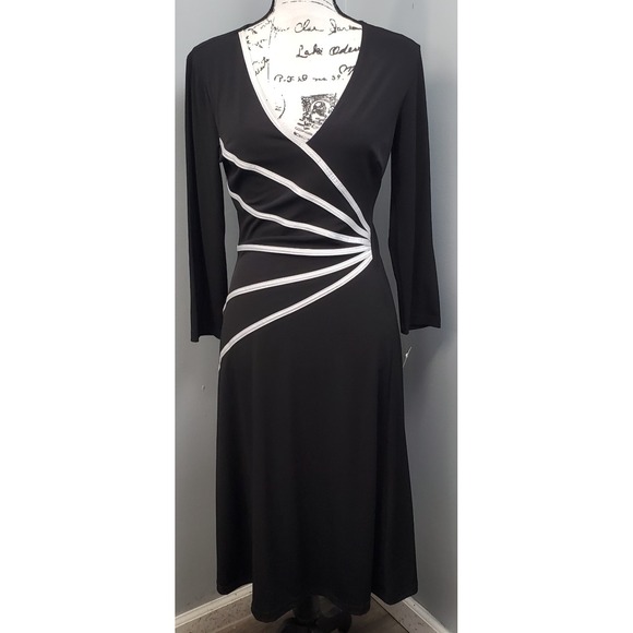 connected apparel Dresses & Skirts - Connected Apparel Sheath Dress Women 10 Black White Diagonal Stripes Deep V-Neck